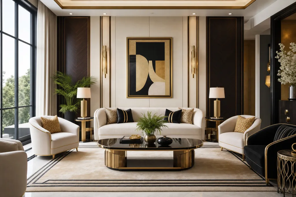 Sala amueblada en estilo Art Deco, generada con el Studio de estaila