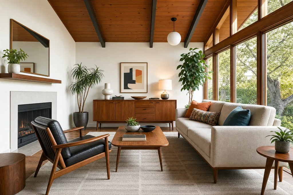 Sala amueblada en estilo Mid-Century, generada con el Studio de estaila