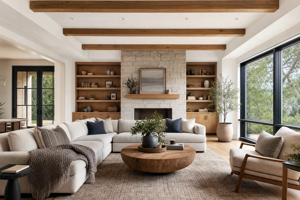 Sala amueblada en estilo Airbnb: cama vestida en blanco, colores neutros y alegres, nada personal, nada que estorbe. Generada con el Studio de estaila.