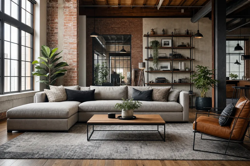 Sala amueblada en estilo Industrial, generada con el Studio de estaila