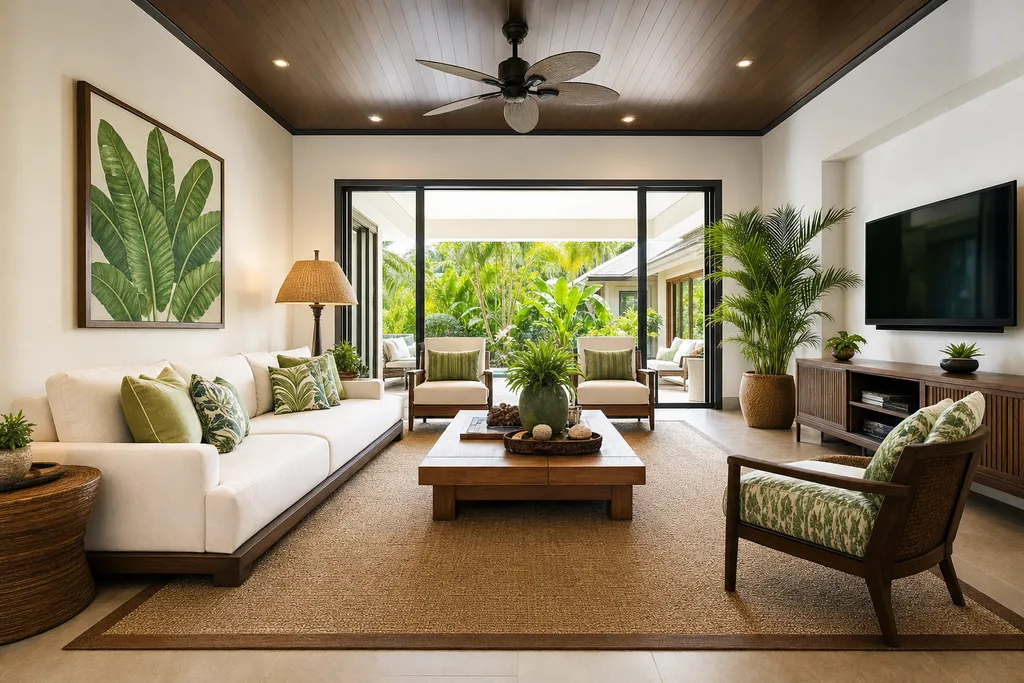 Sala amueblada en estilo Tropical, generada con el Studio de estaila