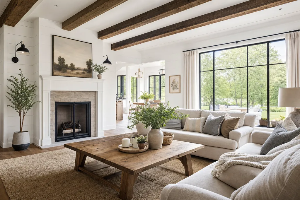 Sala amueblada en estilo Farmhouse, generada con el Studio de estaila