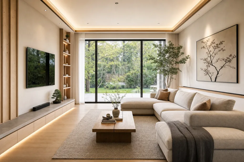 Sala amueblada en estilo Japandi, generada con el Studio de estaila